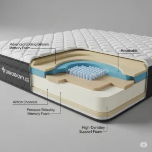 Detailed cutaway illustration revealing the innovative comfort and support layers within the mattress diamond onyx ice.