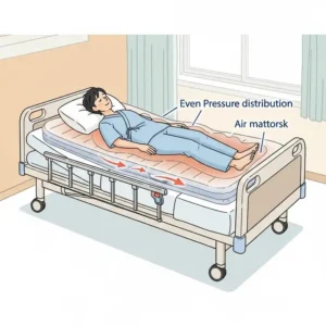 Illustration of a patient comfortably resting on a hospital bed with air mattress, demonstrating even pressure distribution.
