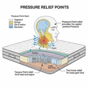 Diagram illustrating pressure relief points on a mattress for neck pain, specifically targeting the head and neck area to alleviate discomfort.
