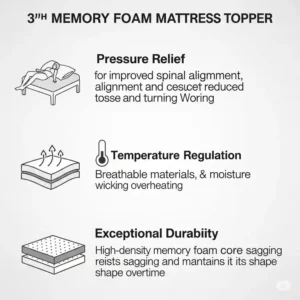 Infographic displaying key benefits of a 3 inch memory foam mattress cover, such as pressure relief, temperature regulation, and durability.
