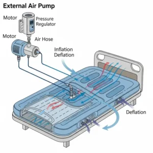 Diagram showing an external air pump unit connected to a hospital bed with air mattress, illustrating the inflation and deflation mechanism.