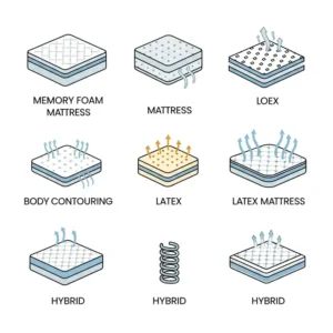 "Icons or small images representing different mattress types like memory foam, latex, and hybrid, useful for comparing the best mattress for fibromyalgia options."