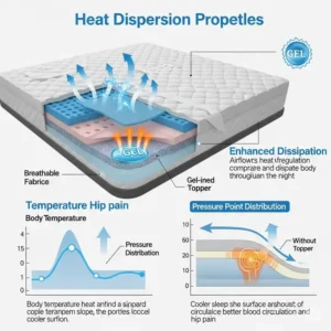 Graphic illustrating heat dispersion in a cooling mattress topper, an important feature for comfort when choosing the best mattress topper for hip pain.