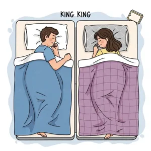Illustration of a couple sleeping peacefully on a split king bed, demonstrating how split king mattress sheet sets allow for independent head and foot adjustments for personalized comfort.