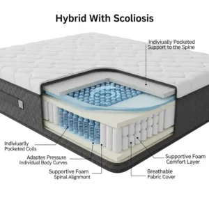 "Diagram of a hybrid mattress showing individual pocketed coils offering targeted support, beneficial for those seeking the best type of mattress for scoliosis."