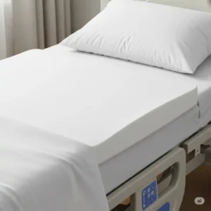 A perfectly fitted hospital bed mattress pad securely placed on a standard hospital bed, ensuring patient safety and comfort.