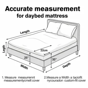 A diagram showing how to accurately measure a daybed mattress for a custom-fit cover, emphasizing length, width, and depth for proper sizing of the daybed mattress cover.