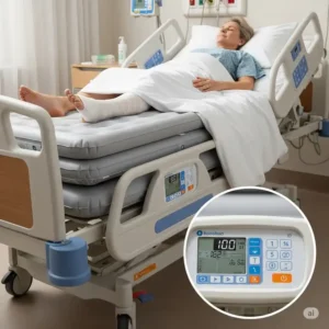 Medical air mattress integrated into a hospital bed, providing advanced wound care support.