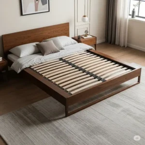 Image of a sleek platform bed with integrated mattress support, ideal for modern bedroom aesthetics without a box spring.