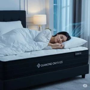 Person enjoying a peaceful and cool night's sleep on the mattress diamond onyx ice, highlighting its temperature regulation.