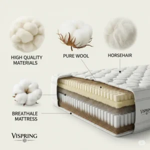 Graphic illustration showcasing the high-quality natural materials, such as pure wool, cotton, and horsehair, that make up a Vispring mattress for breathable comfort.