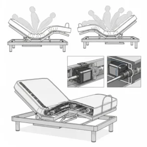 Illustration of an adjustable bed base, showing how it articulates to provide customizable mattress support for various sleeping positions.
