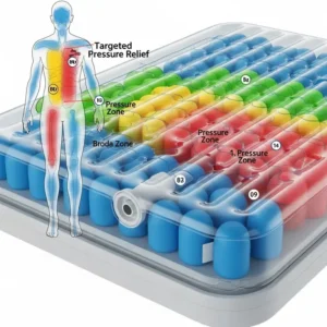 Visual representation of the different pressure zones within a specialized hospital bed with air mattress to target various body areas.