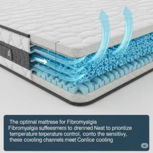 "Graphic depicting cooling gel or airflow channels within a mattress, emphasizing the importance of temperature regulation in the best mattress for fibromyalgia."