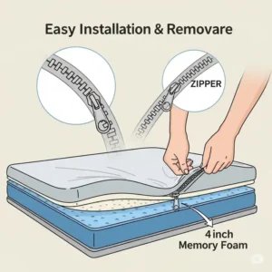 Easy-to-install 4 inch memory foam mattress cover with durable zipper.