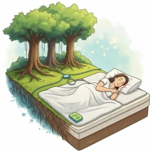 Artistic illustration connecting a person in bed with a grounding mattress pads to natural elements like trees and earth, symbolizing earthing benefits.