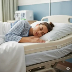 Image of a patient comfortably resting on a supportive hospital bed mattress topper, highlighting improved sleep.