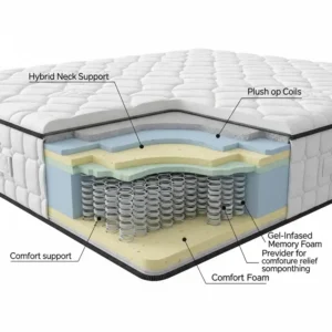 Cross-section view of a hybrid mattress for neck pain demonstrating the combination of coils and comfort layers for optimal neck support.
