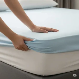 Hands easily fitting a new, fitted mattress cover onto a bed, showing how simple it is to protect a bed mattress cover.