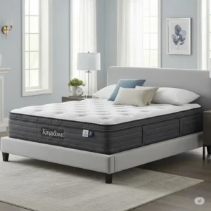 A Kingsdown mattress elegantly placed in a bright, modern bedroom, showcasing its aesthetic appeal and how it enhances a sleep environment, according to kingsdown mattress reviews.