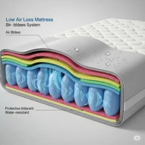 Cutaway illustration detailing the multi-layered construction of a low air loss mattresses, showcasing the individual air bladders and cover.