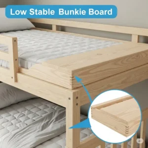 A bunkie board providing low-profile, solid mattress support, often used with bunk beds or platform frames.