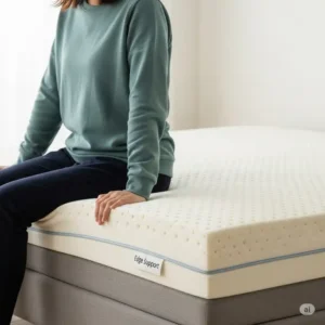 Person sitting on the edge of a mattress topper, showcasing good edge support which contributes to the overall stability of the best mattress topper for hip pain.