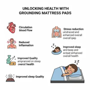 Infographic-style illustration showcasing various health benefits of using grounding mattress pads, such as reduced inflammation and improved circulation.