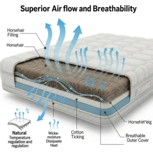 Diagram illustrating superior airflow and breathability within a horsehair mattress, highlighting its natural temperature regulation properties.