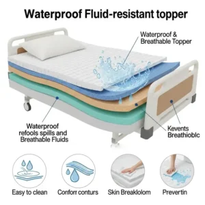 Graphic demonstrating the waterproof and fluid-resistant features of a durable hospital bed mattress topper.