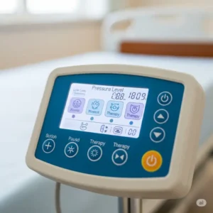 Image of a low air loss mattresses control unit, highlighting user-friendly settings for adjusting air pressure and therapy modes.