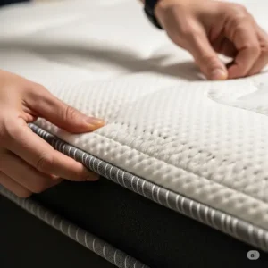 "Hands inspecting the superior quality and durable stitching of a mattress, a hallmark of our mattress diamond store."