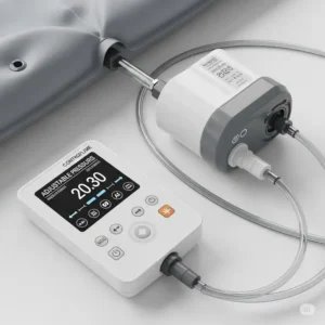 Digital control unit and pump for a medical air mattress, demonstrating adjustable pressure settings.