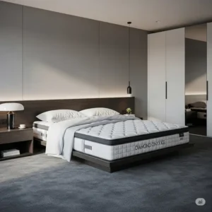 Contemporary bedroom featuring the sleek mattress diamond onyx ice as a centerpiece, enhancing modern decor.