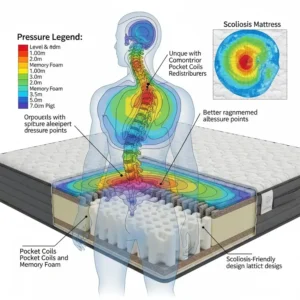 "Heat map or diagram illustrating pressure point relief on a mattress, emphasizing how the best type of mattress for scoliosis alleviates discomfort."