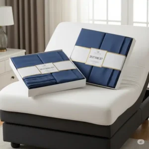 Neatly folded and packaged split king mattress sheet sets, ready to be unwrapped and enjoyed on your adjustable king bed.