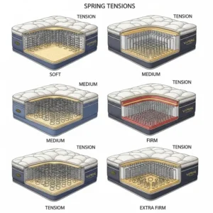 Illustration representing the various spring tensions and firmness options available for a Vispring mattress, allowing for personalized comfort and support.