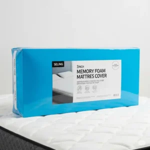 A new 3 inch memory foam mattress cover neatly packaged, ready for unboxing and setup.