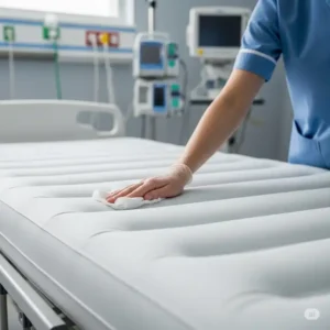 Image demonstrating the wipe-clean surface of an air mattress for hospital bed, highlighting its easy maintenance.