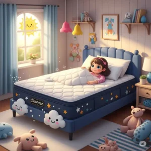 A playful illustration of a beautyrest twin mattress in a child's bedroom, emphasizing comfort and durability for growing kids.