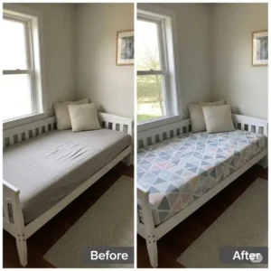 Before-and-after illustration of a daybed transformed with a new daybed mattress cover, showcasing how the daybed mattress cover can refresh a room's decor.
