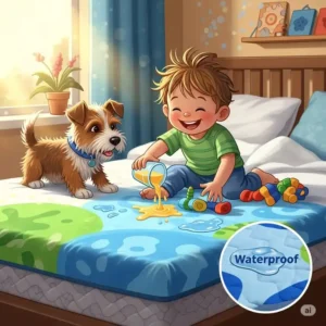 A cheerful illustration of a dog and child on a bed, highlighting how a protective mattress cover safeguards against spills and accidents to protect a bed mattress cover.