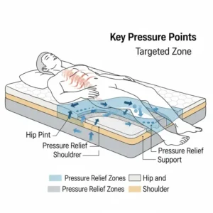 Diagram highlighting pressure point relief around the hips and shoulders, demonstrating how a specialized mattress topper can alleviate hip pain.