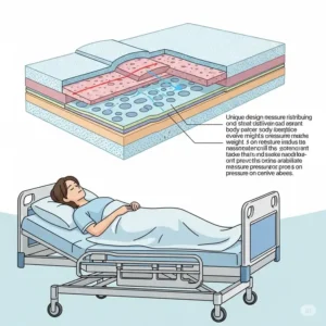 Collection of various sizes and types of hospital bed mattress pads, demonstrating options for different patient needs and bed models.