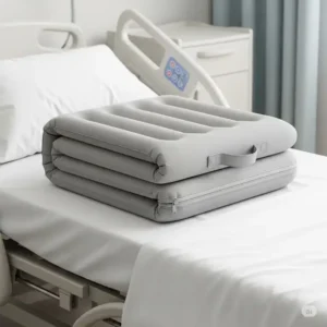 Compactly folded air mattress for hospital bed, showcasing its portability and ease of storage.