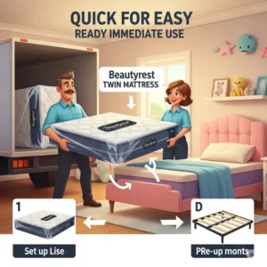 Illustration depicting the easy delivery and setup of a new beautyrest twin mattress, ready for immediate use.