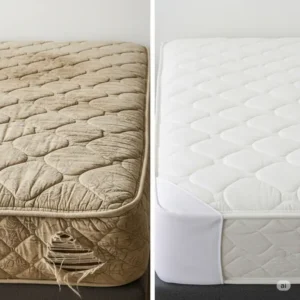 A visual representation of an old, worn mattress next to a pristine, new-looking mattress, with a protective cover emphasizing extended mattress lifespan by helping to protect a bed mattress cover.