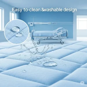 Illustration emphasizing the easy-to-clean and washable design of a hygienic hospital bed mattress topper.