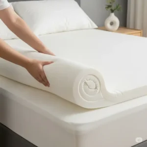 Hands unrolling a new mattress topper onto a bed, showing the easy installation process for achieving the best mattress topper for hip pain support.