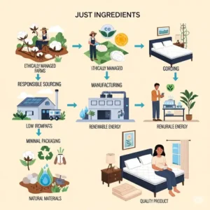 An illustration showcasing the eco-friendly and sustainable practices involved in producing a just ingredients mattress, from sourcing to manufacturing.